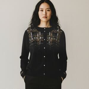 Pendleton Merino Wool Metallic Embellished Black Cardigan Sweater Size Med